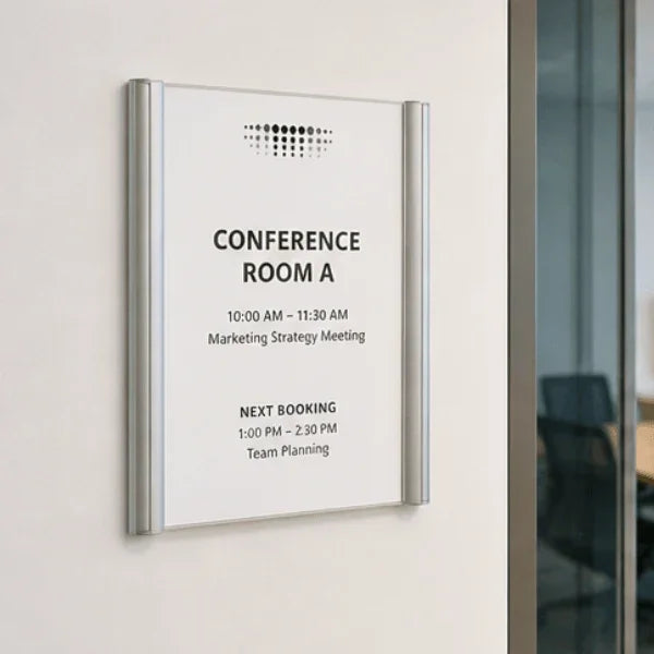 Alba silver wall mount sign holder displaying conference room schedule
