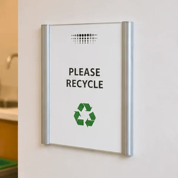 Alba silver wall and door mount sign holder displaying a Please Recycle sign