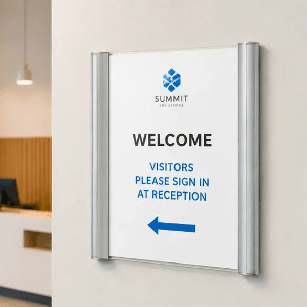 Alba silver wall mount sign holder display with welcome message for office visitors.