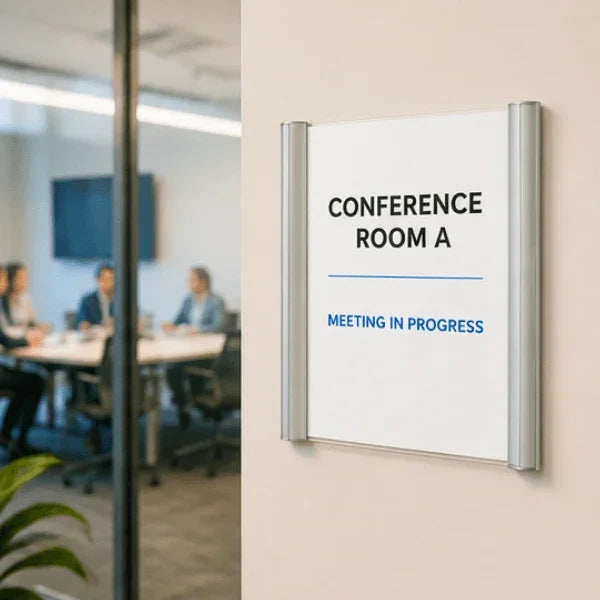 Alba silver wall mount sign holder displaying a Conference Room A sign in an office setting