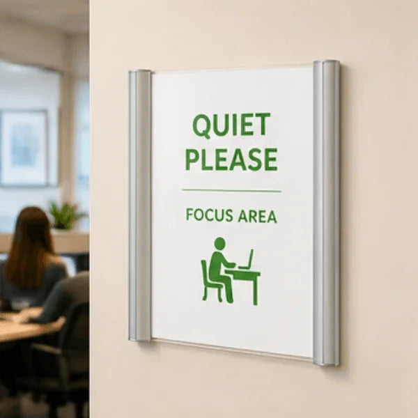 Alba silver wall mount sign holder displaying a green Quiet Please Focus Area sign.