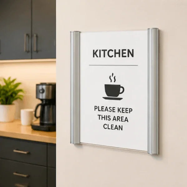 Alba silver wall mount sign holder displaying a kitchen cleanliness sign in a kitchen setting.