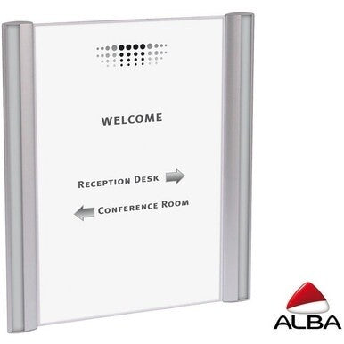Wall-mounted door sign holder with silver frame, directional arrows for reception desk and conference room, ALBA logo in corner.