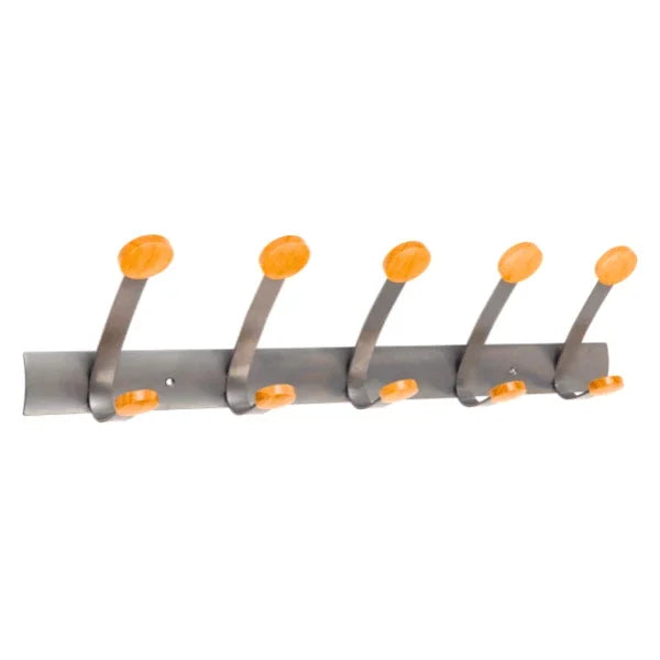 Alba wall mounted double peg rail with 10 silver metal hooks and orange wooden tips