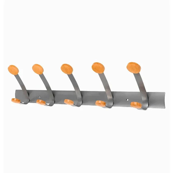 Alba wall mounted double peg rail with 10 grey metal hooks and wooden knobs