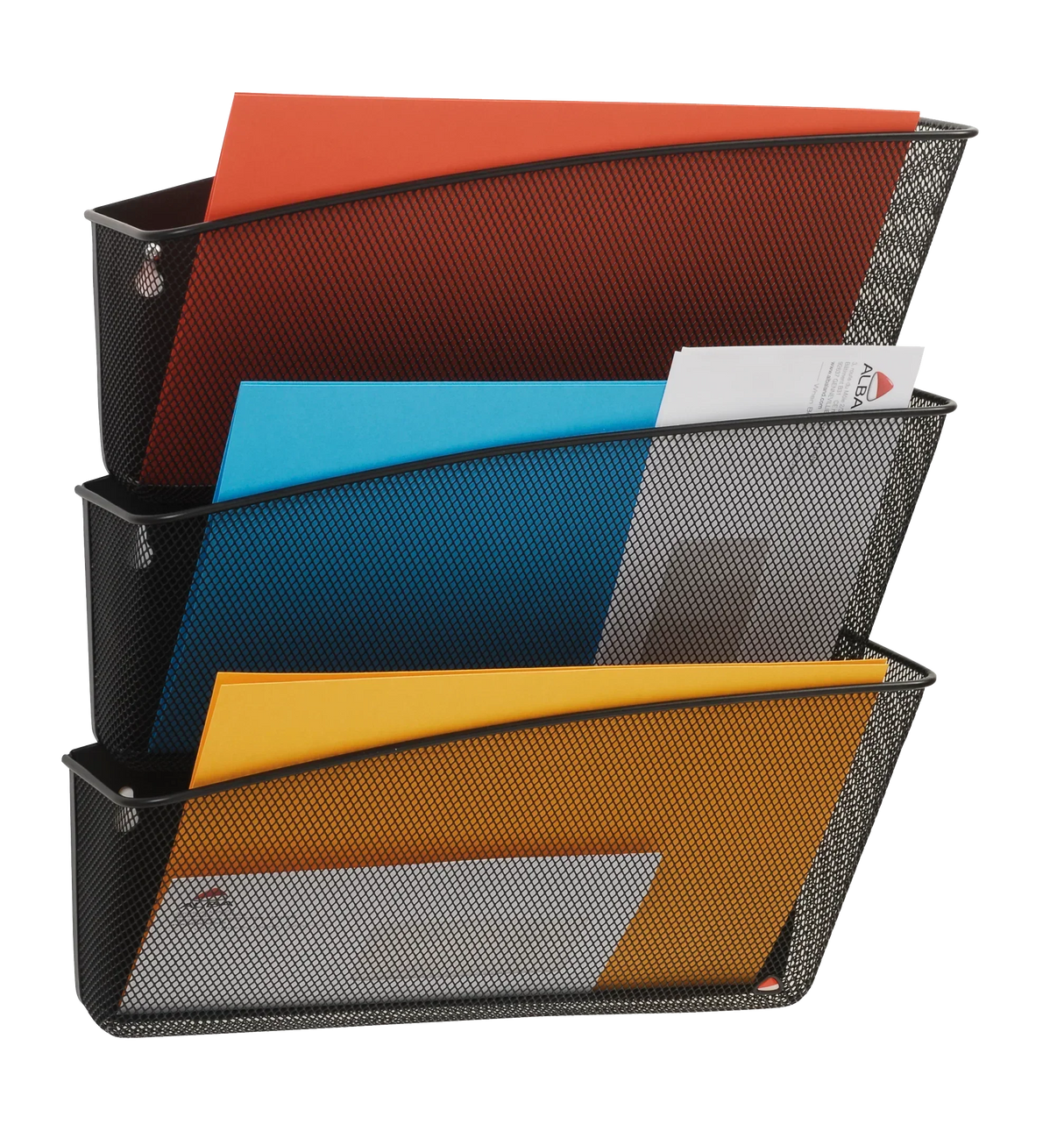Black mesh wall organizer with colorful folders for office or school use