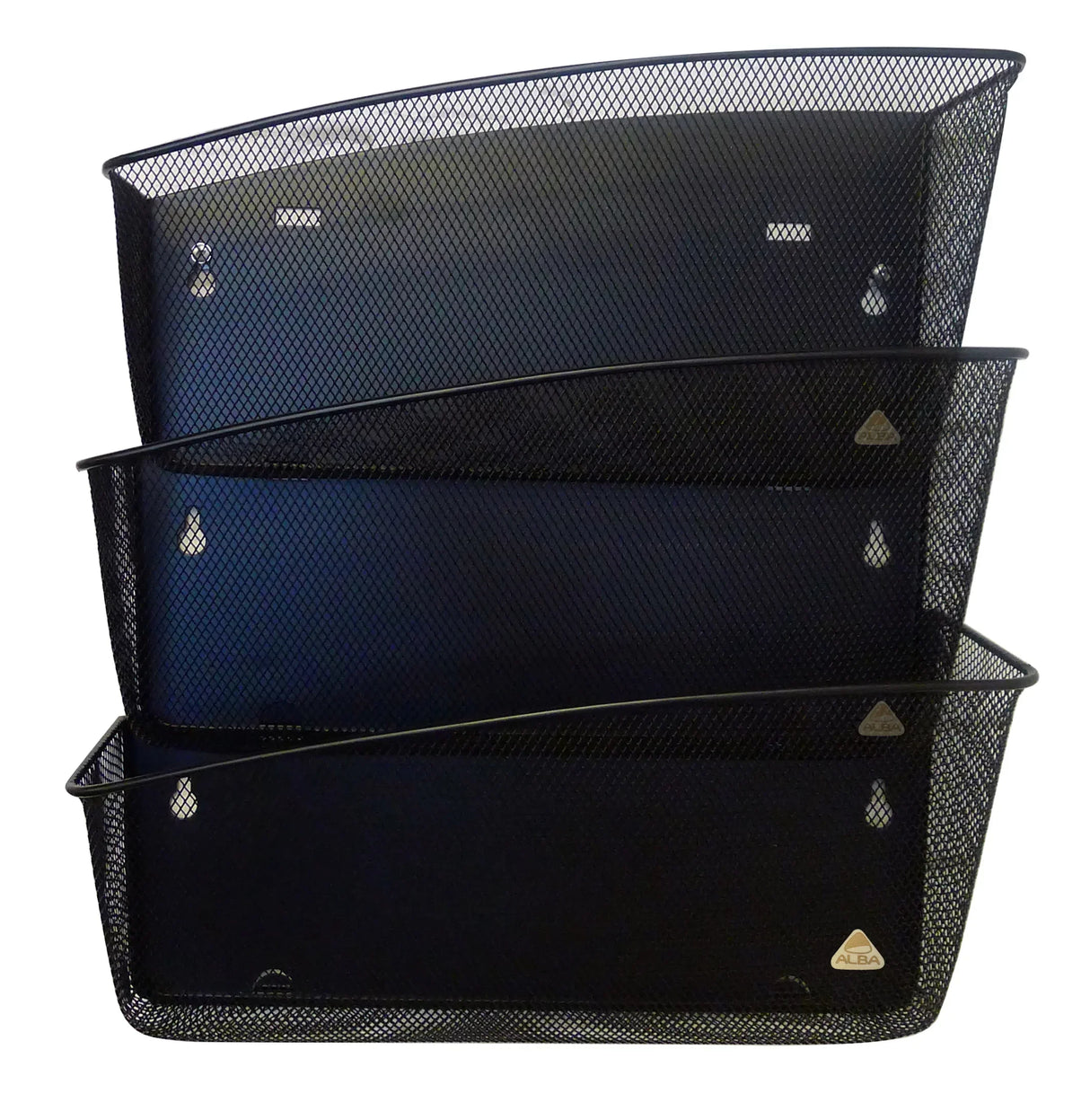 Black mesh wall organizer with three tiers for office or school supplies storage