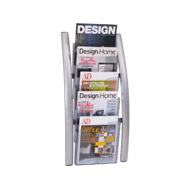 Wall-mounted literature display rack with 5 compartments holding magazines