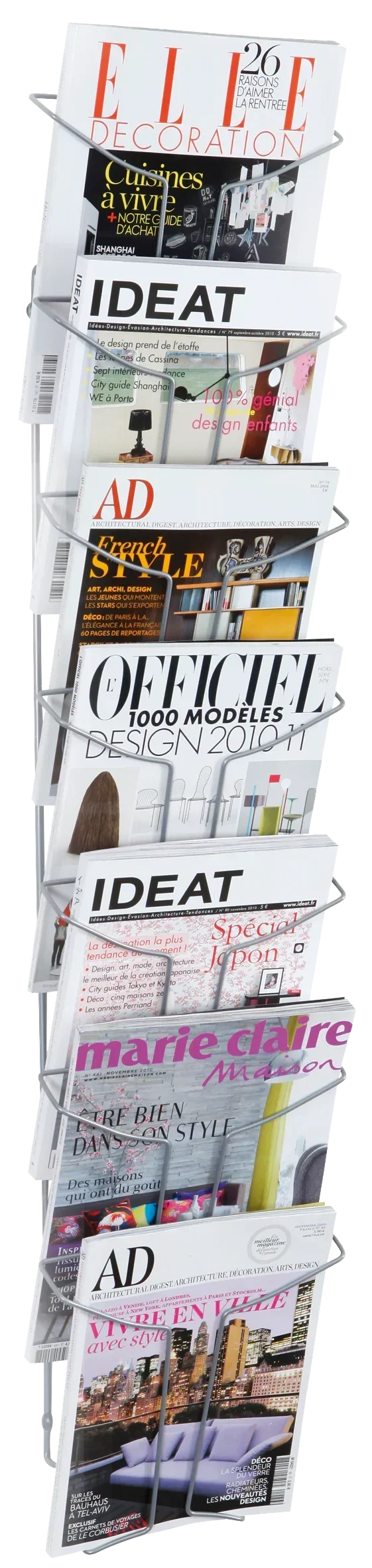 Metal magazine rack holding design and decor magazines for office or home organization
