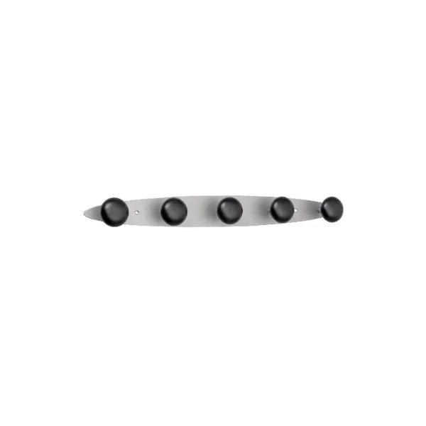 Modern metal wall peg rack with five black round hooks for home or office organization