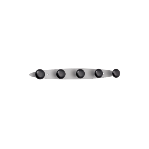 Modern metal wall peg rack with five black round hooks for home or office organization
