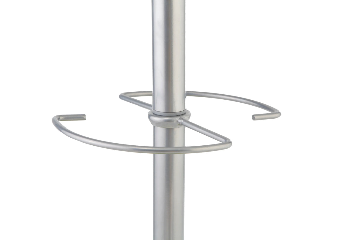 Silver metal umbrella stand with curved hooks for office or home use