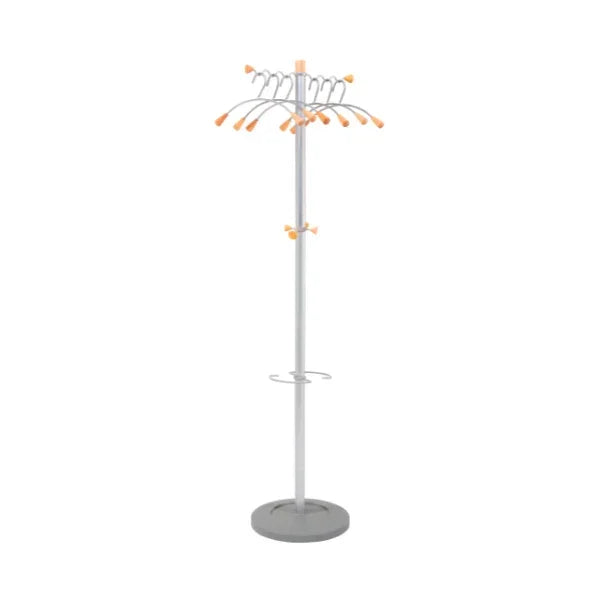 Modern standing coat rack with orange-tipped hooks and circular base for home or office use
