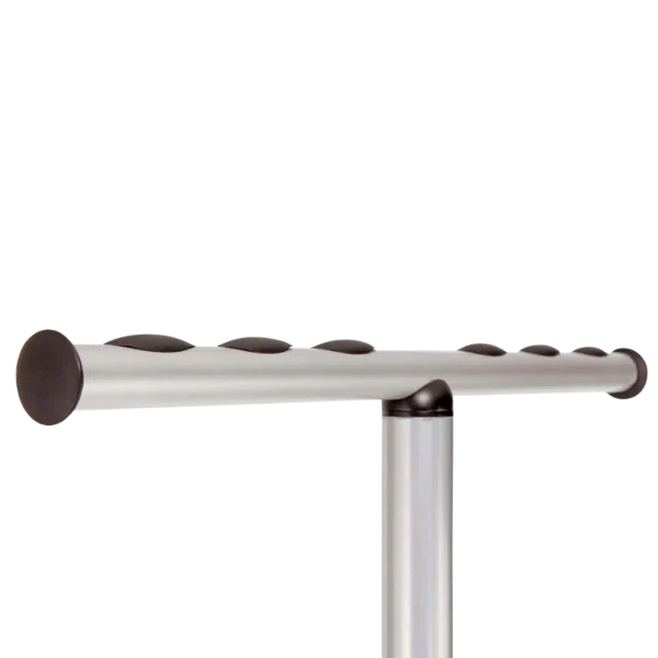 Modern silver coat stand and garment rack with horizontal rail and black end caps