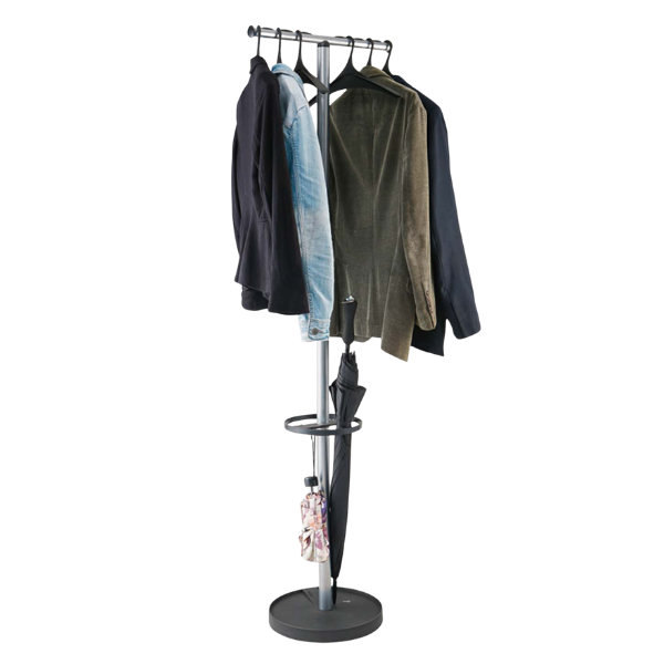 Metal coat stand and garment rack with hangers, jackets, umbrella, and accessories