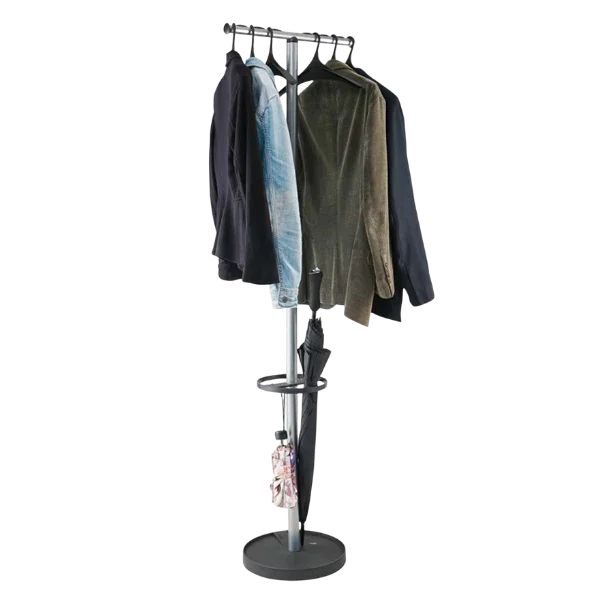Metal coat stand and garment rack with hangers, jackets, umbrella, and accessories