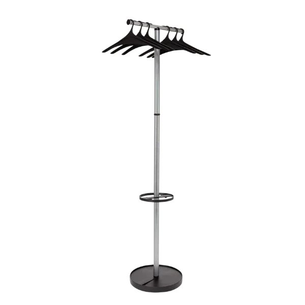 Modern metal coat stand and garment rack with black hangers and round base