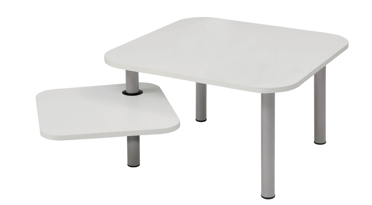 Modern white coffee table with rotating top and silver metal legs, minimalist design