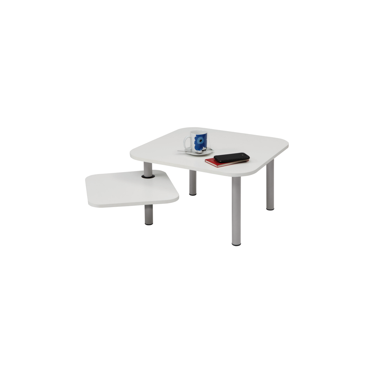 Modern white coffee table with a rotating top, silver legs, mug, and phone on surface