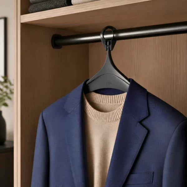 A navy blue blazer and beige sweater on a black Alba anti-theft plastic clothes hanger.