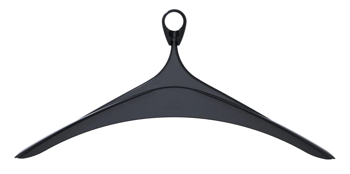 Silver grey plastic clothes hanger with wide shoulders and rounded hook on white background
