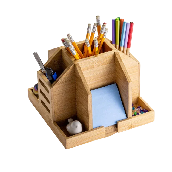Bamboo rotary desk organizer with compartments for pencils, pens, sticky notes, and office supplies
