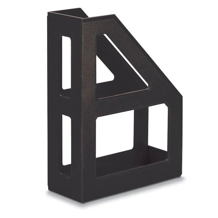 Black magazine file holder with open sides for office or desk organization