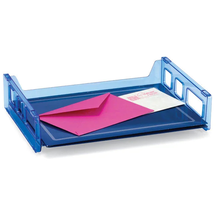 Blue plastic letter tray for desk organization holding envelopes and mail