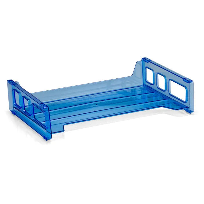 Blue plastic desktop letter tray for office paper organization on a white background