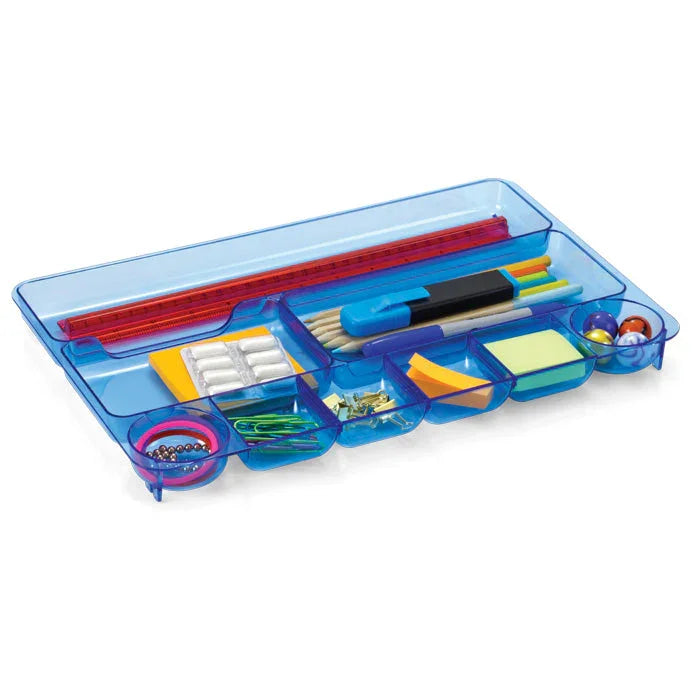 Blue drawer organizer tray holding pens, pencils, sticky notes, ruler, and office supplies