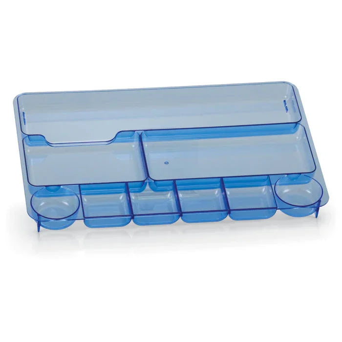 Blue plastic drawer organizer tray with multiple compartments for office supplies