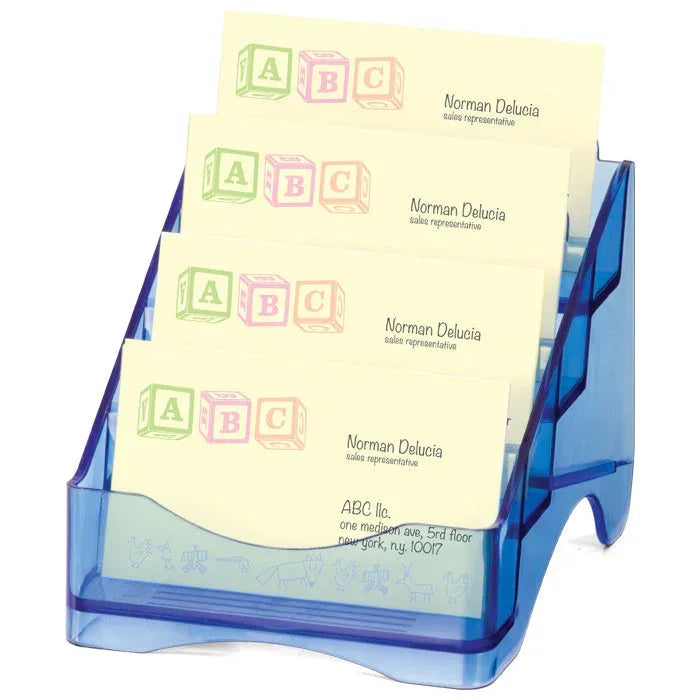 Blue plastic business card holder with ABC-themed cards for office organization