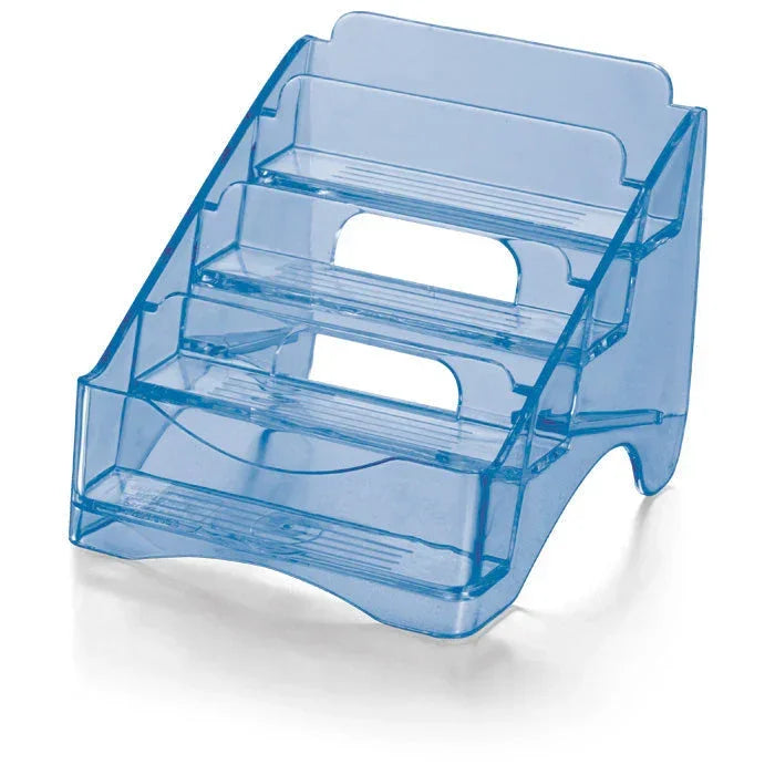 Blue plastic desktop organizer with 4 tiers for office or school supplies