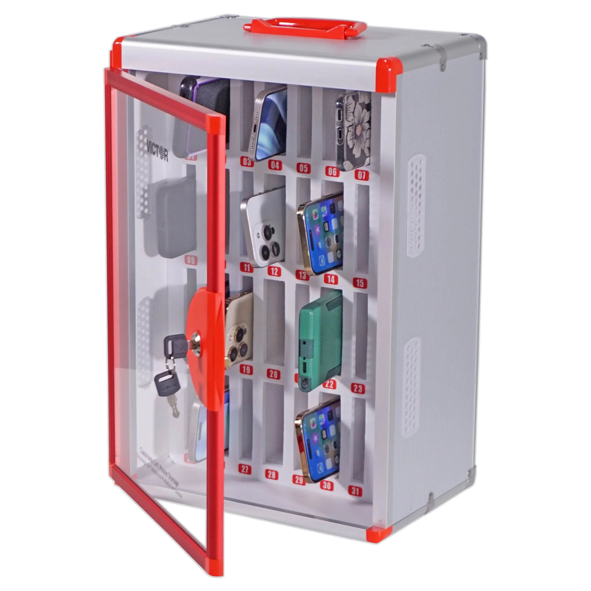 Cell phone locker box with transparent locking door, holding phones in numbered slots