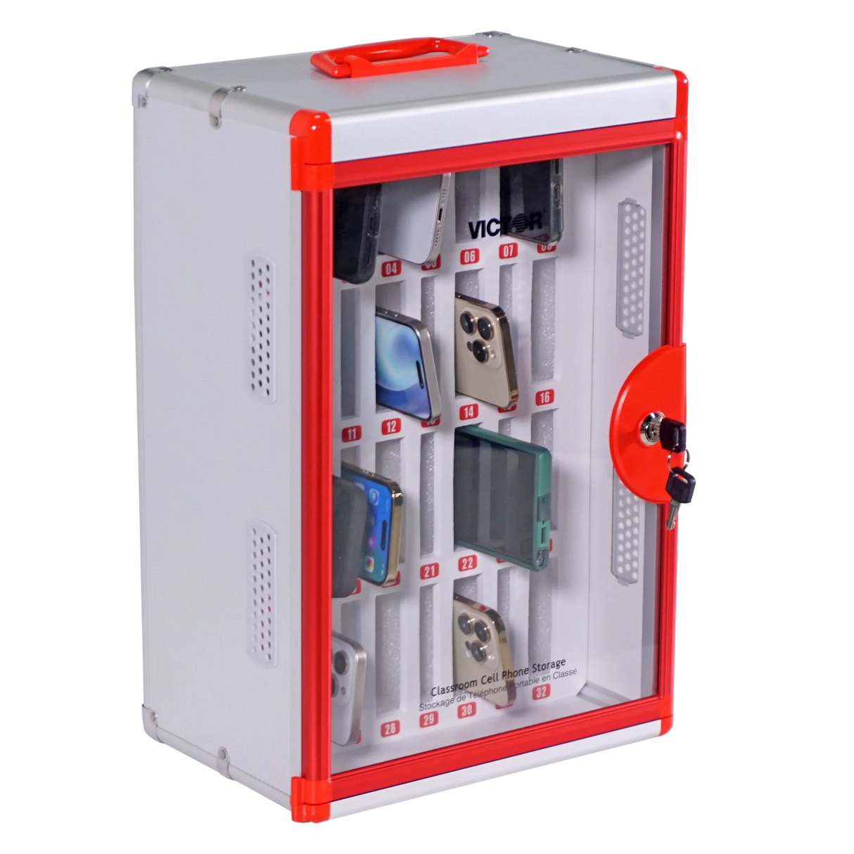 Lockable classroom cell phone storage locker with numbered slots and multiple phones inside