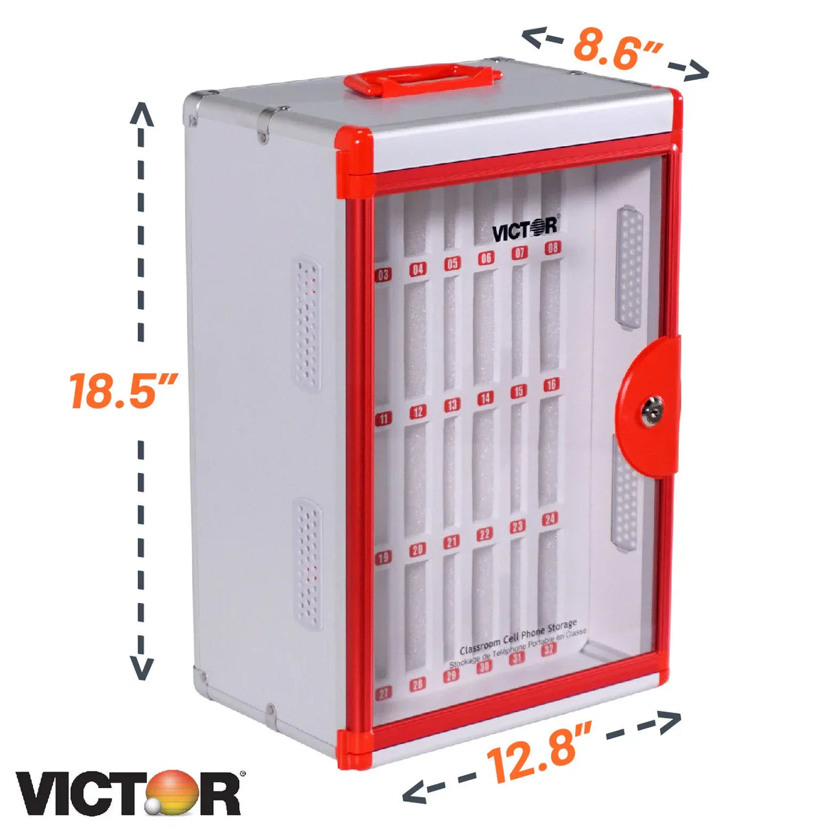 Classroom cell phone locker with numbered slots, lockable door, and red trim, dimensions shown.