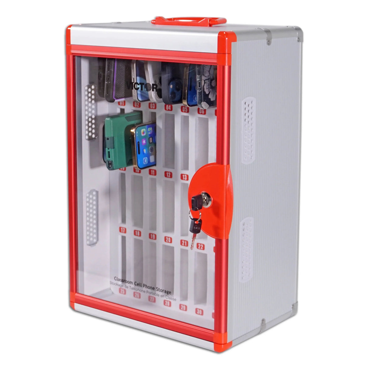 Lockable cell phone storage locker with numbered slots and visible phones inside