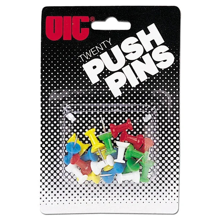 Colorful push pins in OIC packaging for office and school organization
