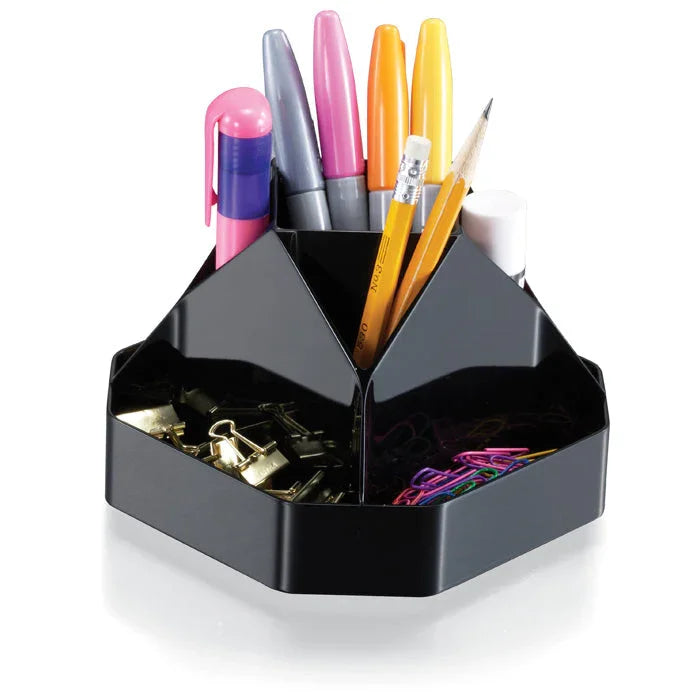 Black rotary desk organizer holding pens, pencils, paper clips, and binder clips