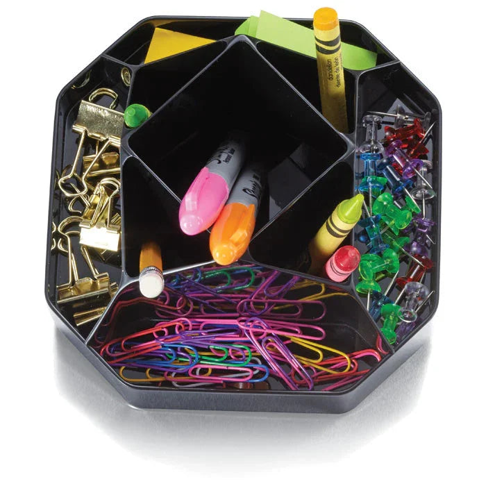 Compact rotary desk organizer holding paper clips, markers, binder clips, crayons, and push pins