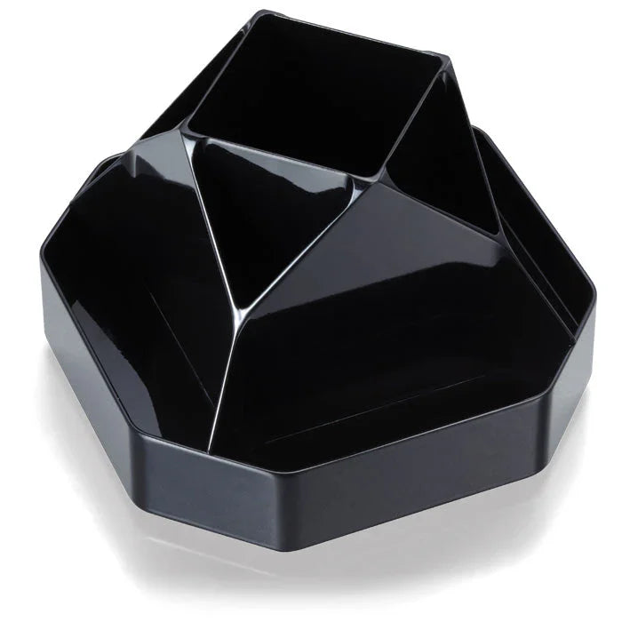 Black compact rotary desk organizer with multiple compartments for office supplies