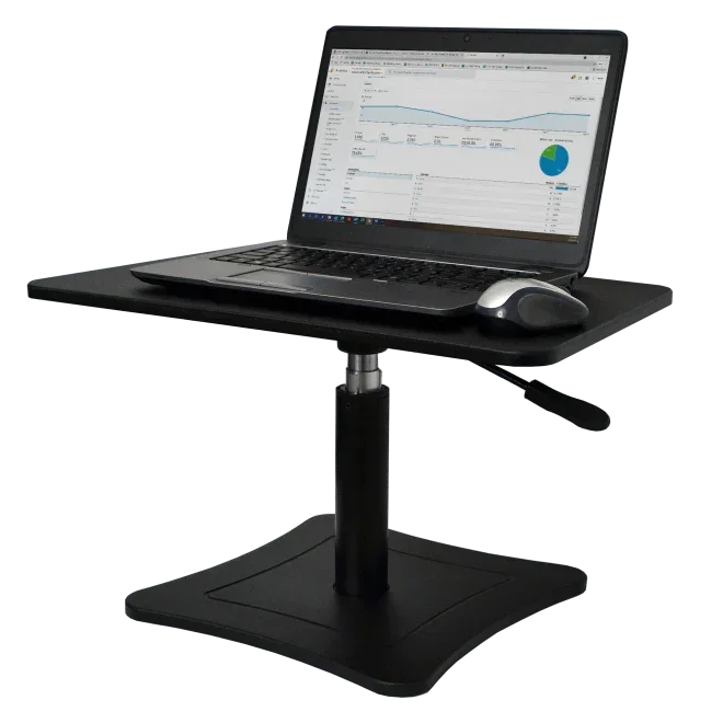 Adjustable standing desk with laptop and mouse, ideal for home office productivity and ergonomic workspace setup.
