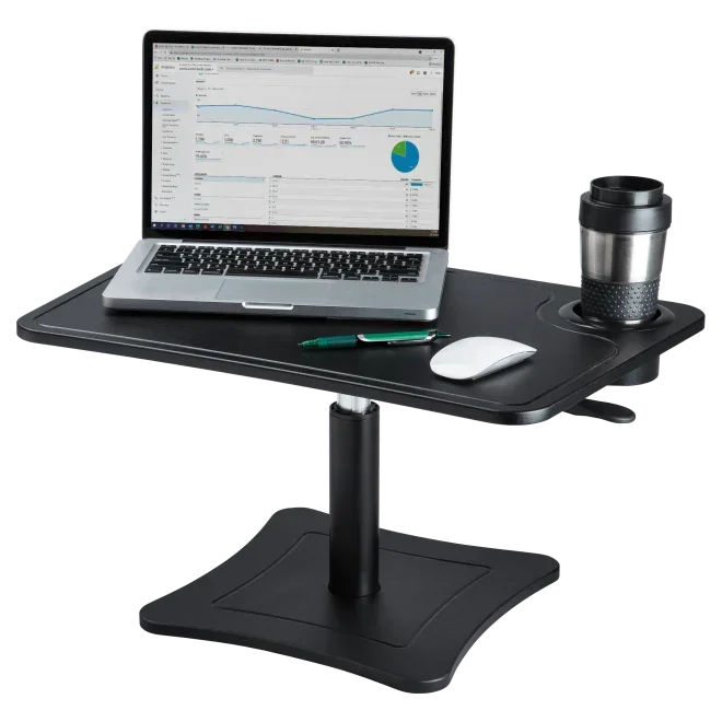 Adjustable standing desk with laptop, mouse, pen, and coffee cup for productive home or office workspace