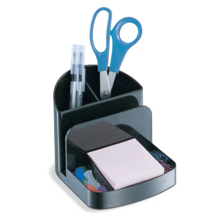 Black desk organizer holding pens, scissors, sticky notes, paper clips, and binder clips