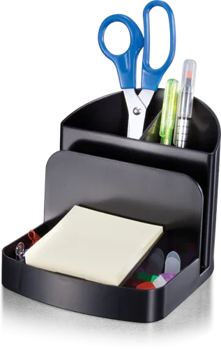 Black desk organizer with scissors, pens, sticky notes and office supplies