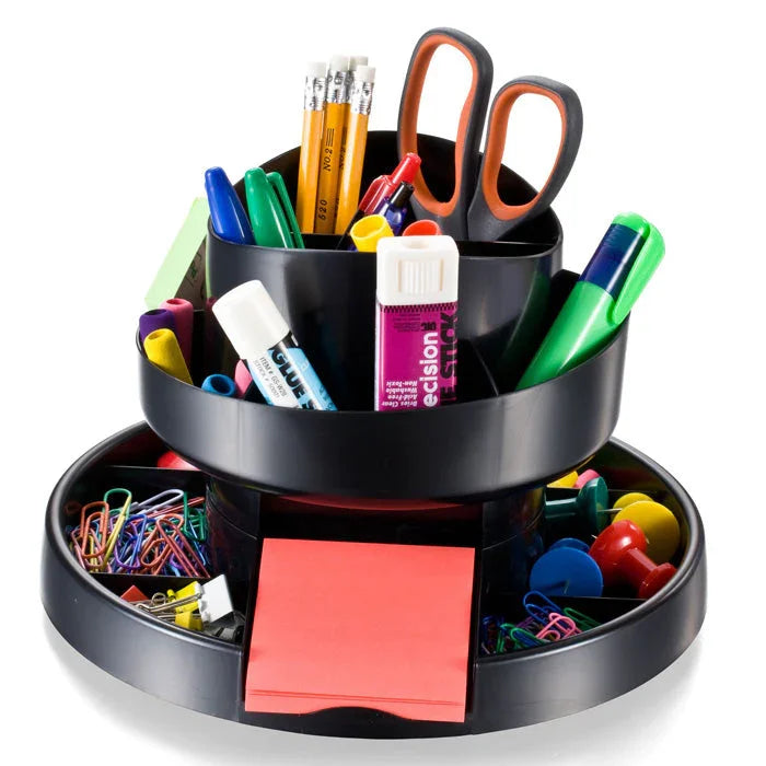 Black rotary desk organizer holding office supplies like scissors, pens, sticky notes, and clips