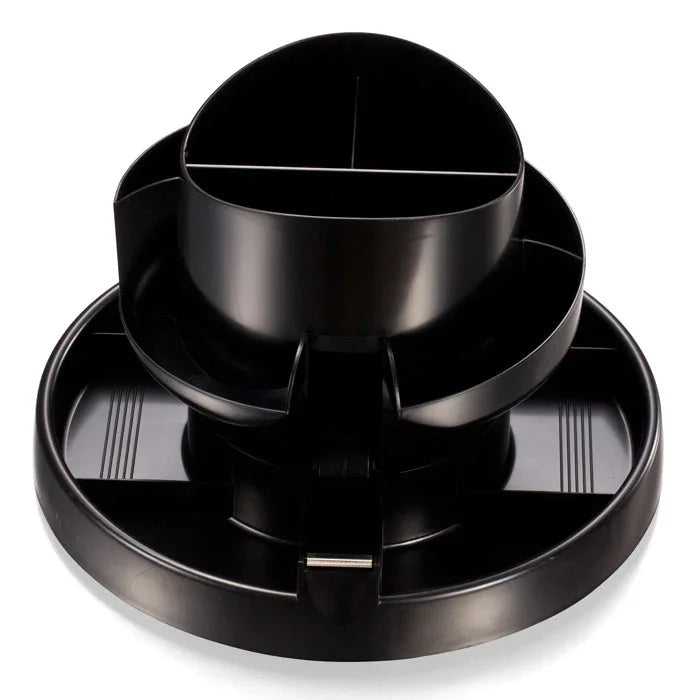 Black deluxe rotary desk organizer with multiple compartments for office supplies