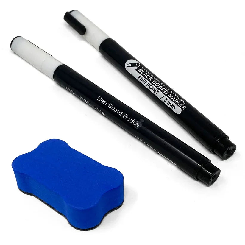 DeskBoard Buddy pack with two black dry erase markers and a blue eraser for whiteboards