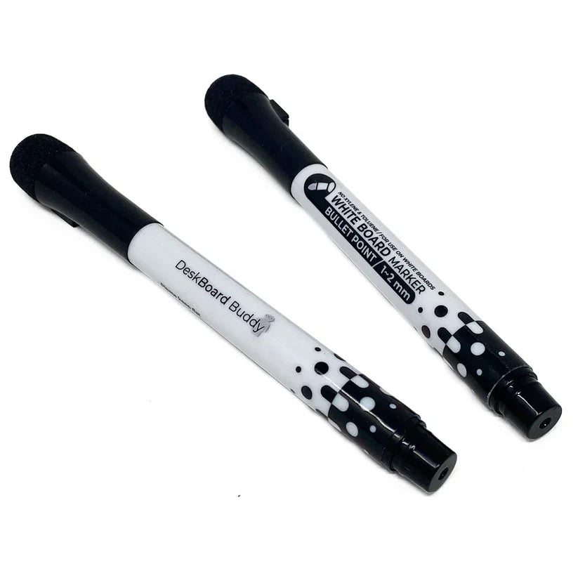 Two DeskBoard Buddy whiteboard markers with black caps and polka dot design, pack of two