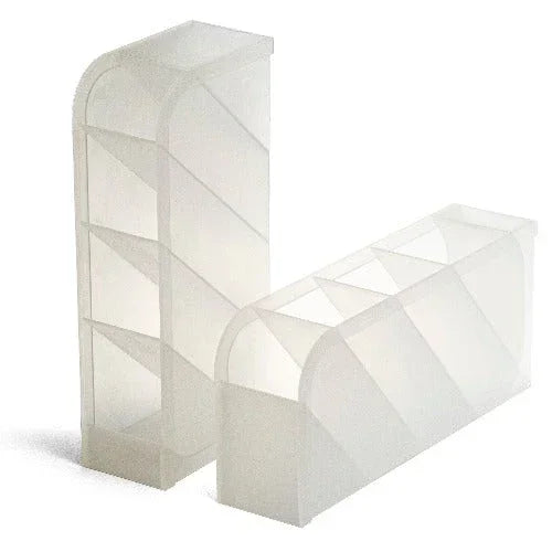 Clear plastic desk organizer with slanted compartments for office supplies and workspace storage